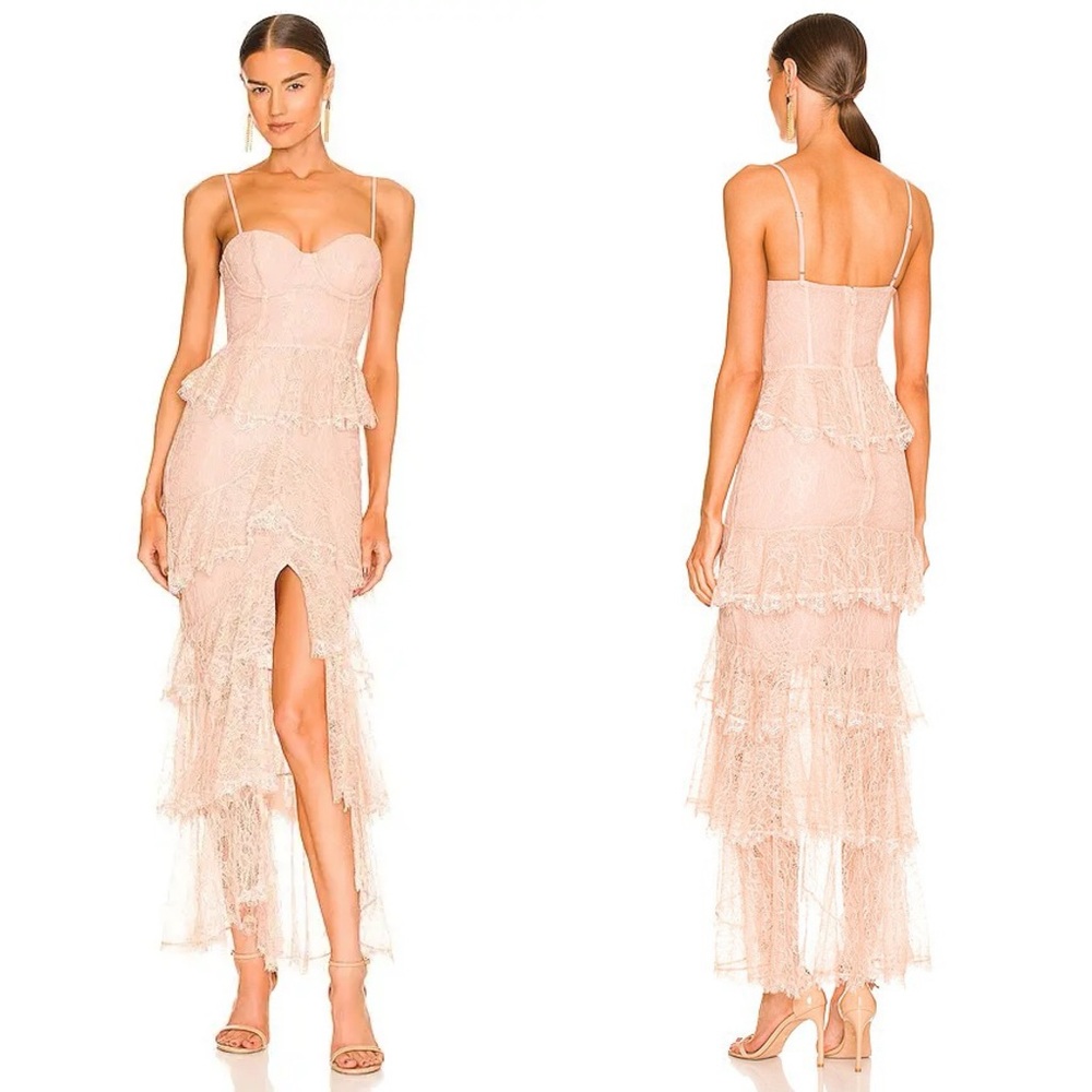 Majorelle Zelda Fitz Dress Size M Lace Nude Tiered Slit Formal Elegant Evening